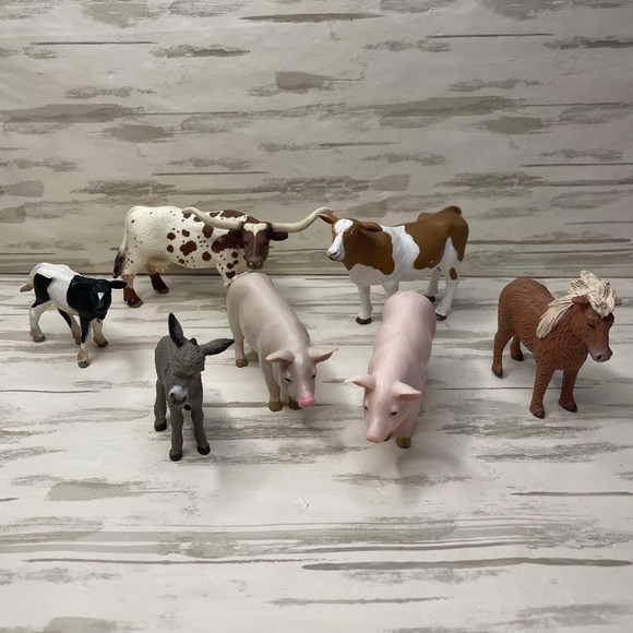 schleich Other - Farm Animal Figures Mixed Texas Longhorn Cow Pig Donkey Horse Kid Toy Collection